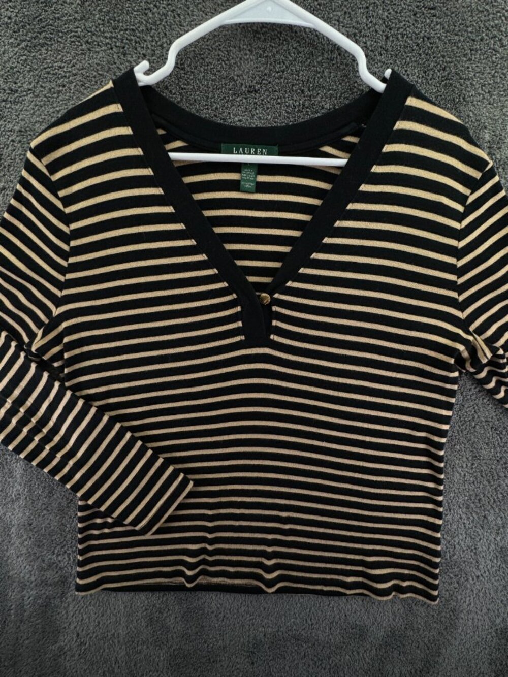 Lauren Ralph Lauren Sweater Large Striped Black Tan Lightweight Cotton Pullover